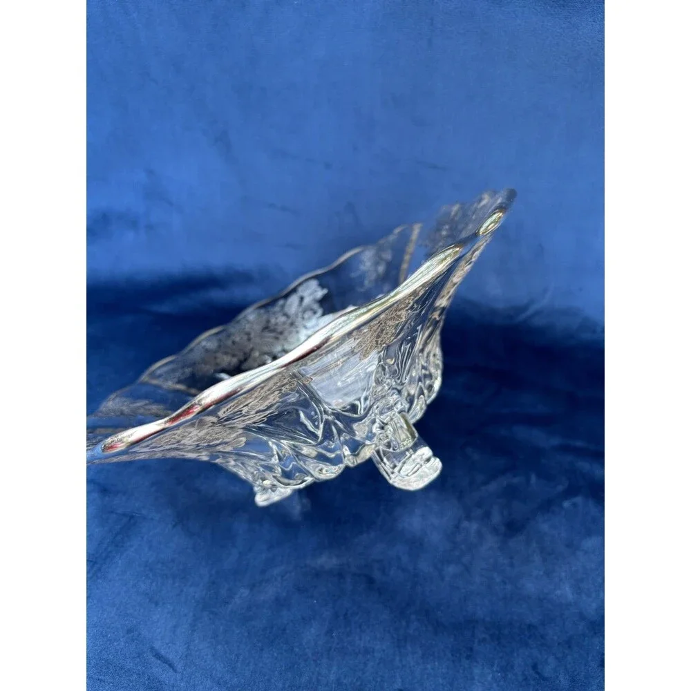 Vintage Floral Etched Glass Compote Bowl on Three Feet Decorative Centerpiece